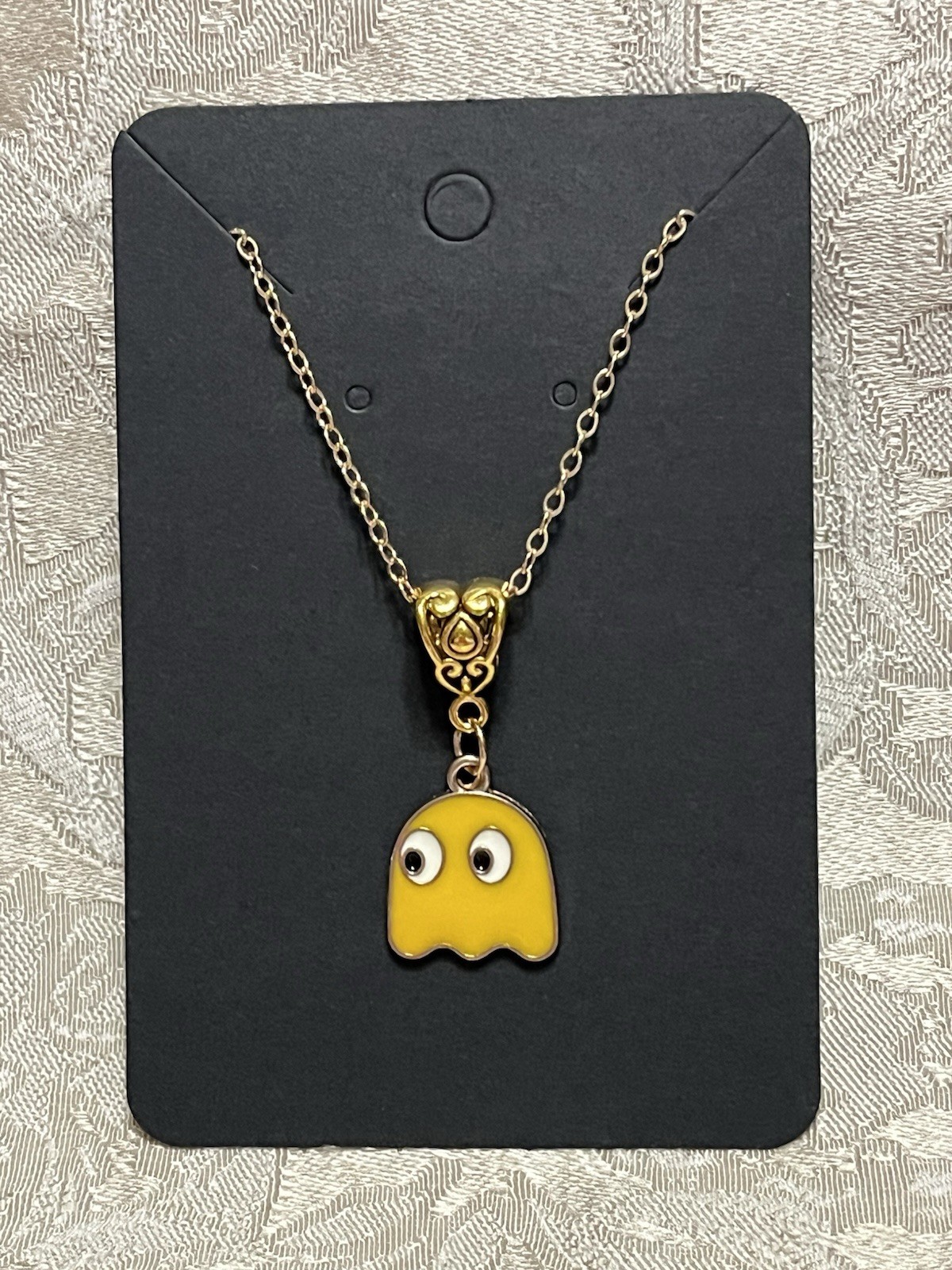 PAC Man Clyde Yellow Ghost Gold Enamel Fashion Video Game Novelty 18” Necklace