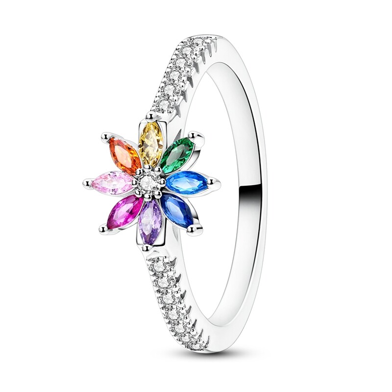 MULA 925 Sterling Silver Hope Rainbow Flowers CZ Finger Ring For Women Jewelry
