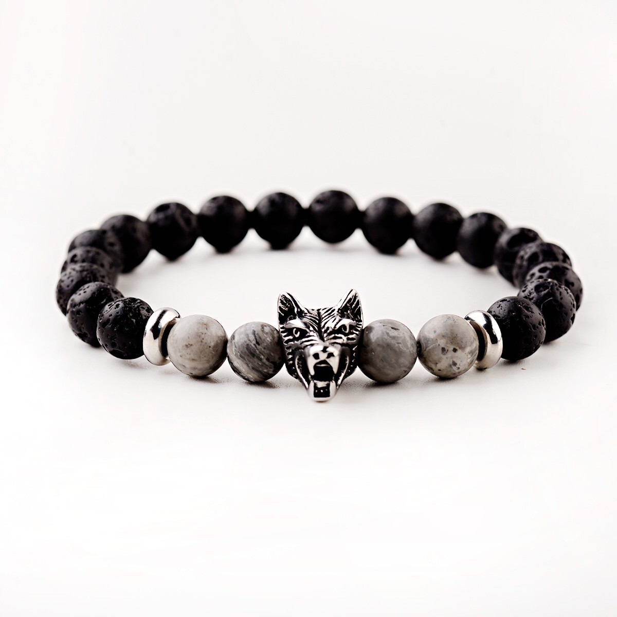 2Pcs Punk Men’s 8mm Lava Rock Diffused Stone Wolf Head Charm Bracelets Bangle