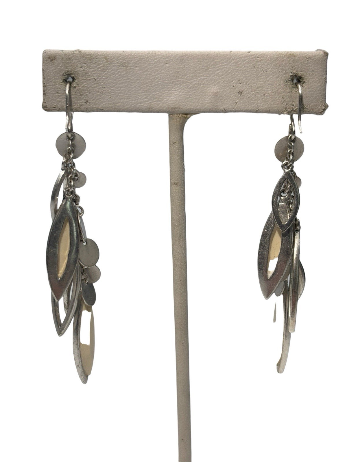 Vintage Signed KCR Silver Tone White Leafy Cascade Dangle Pierced Earrings