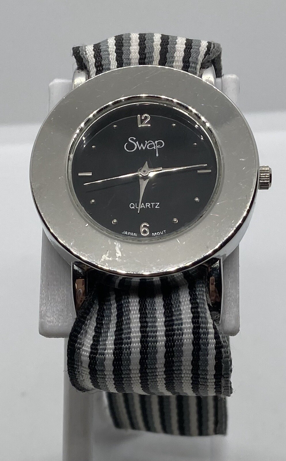 SWAP WATCH Ladies New Battery Blue/White Fabric EZ Changeable Strap NICE!