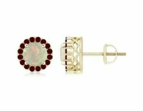 2.30Ct Round Cut Fire Opal & Red Garnet Halo Stud Earrings 14K Yellow Gold Over