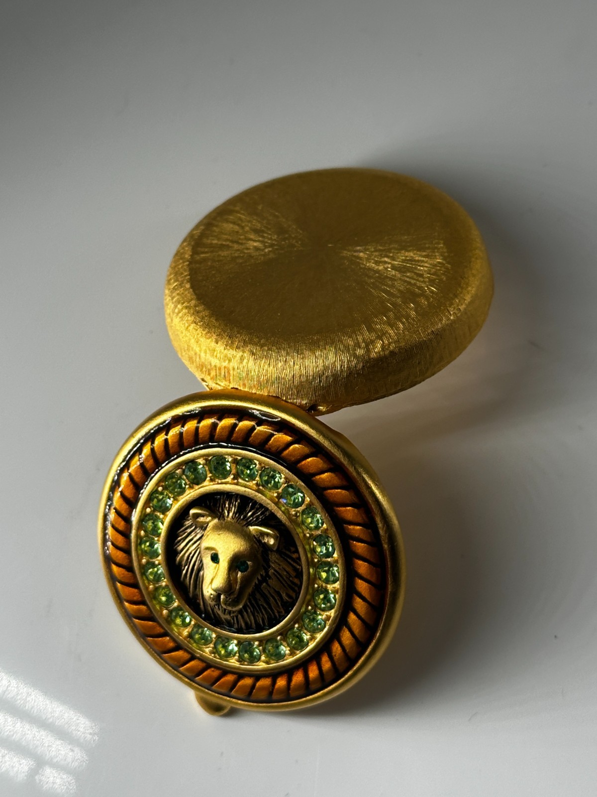 Vintage Signed Bob Mackie Gold-tone Enamel & Green Crystal Lion Trinket Pill Box