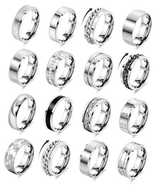 REVOLIA 16PCS Silver Rings for Men Stianless Steel Band Rings for Men Women 9