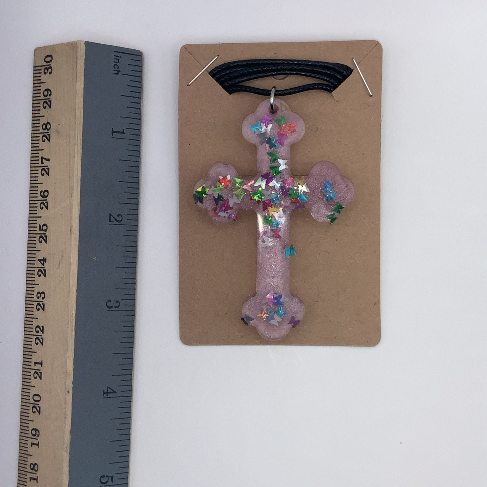 House Of David Handmade Cross Necklace Pink Butterflies