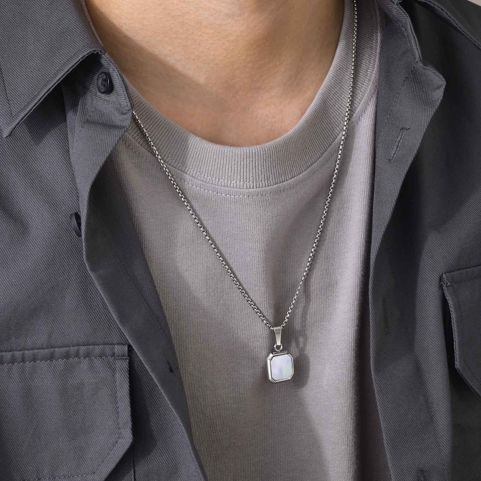 White Shell Black Enamel Square Pendant Necklace Stainless Steel with 60cm Chain