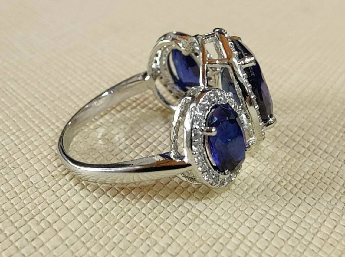 3.20Ct Oval Cut Blue Tanzanite Three Stone Engagement Ring 14K White Gold Finish