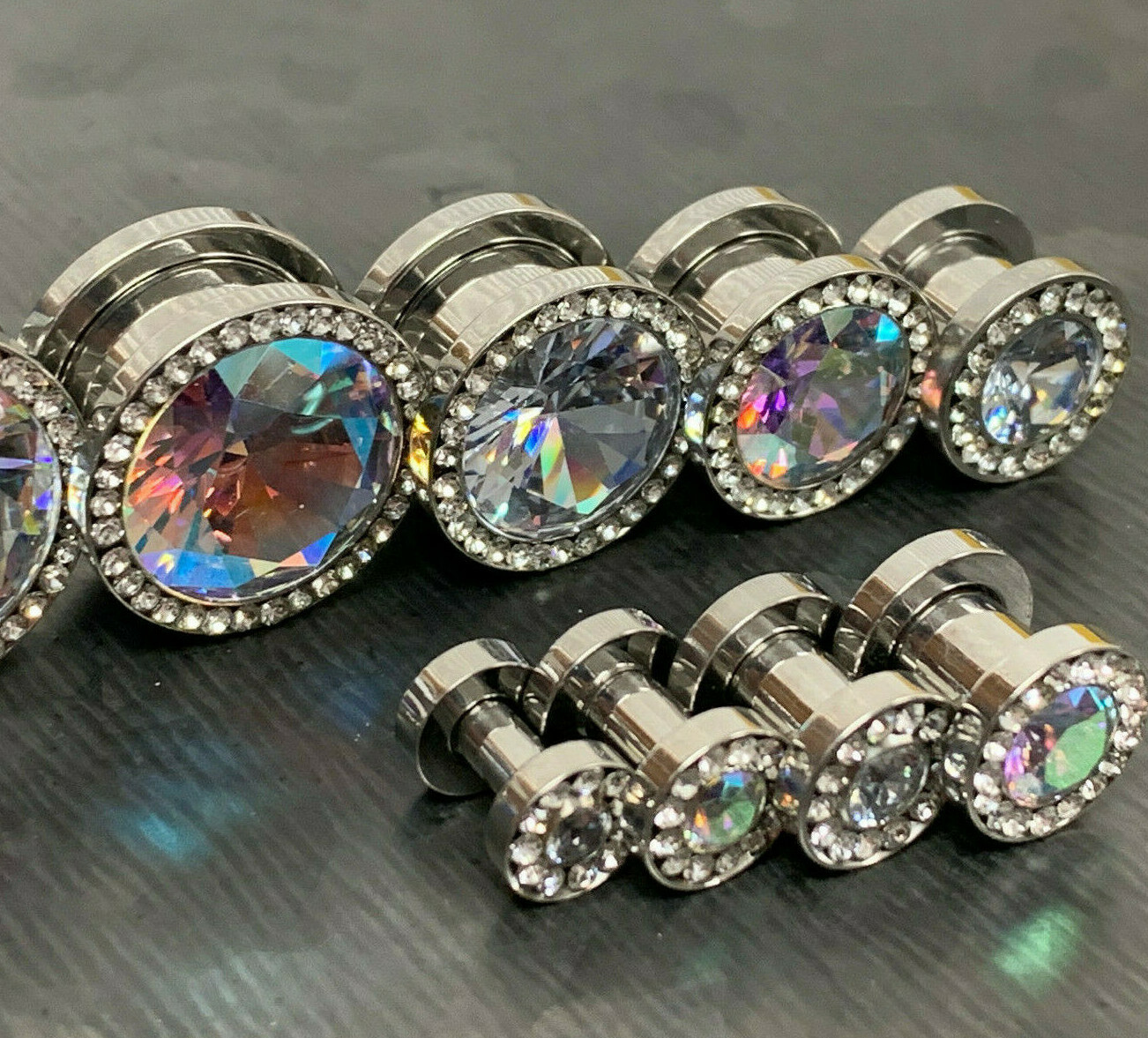 PAIR Large CZ Gem Rimmed 316L Surgical Steel Screw Fit Plugs Tunnels Gauges