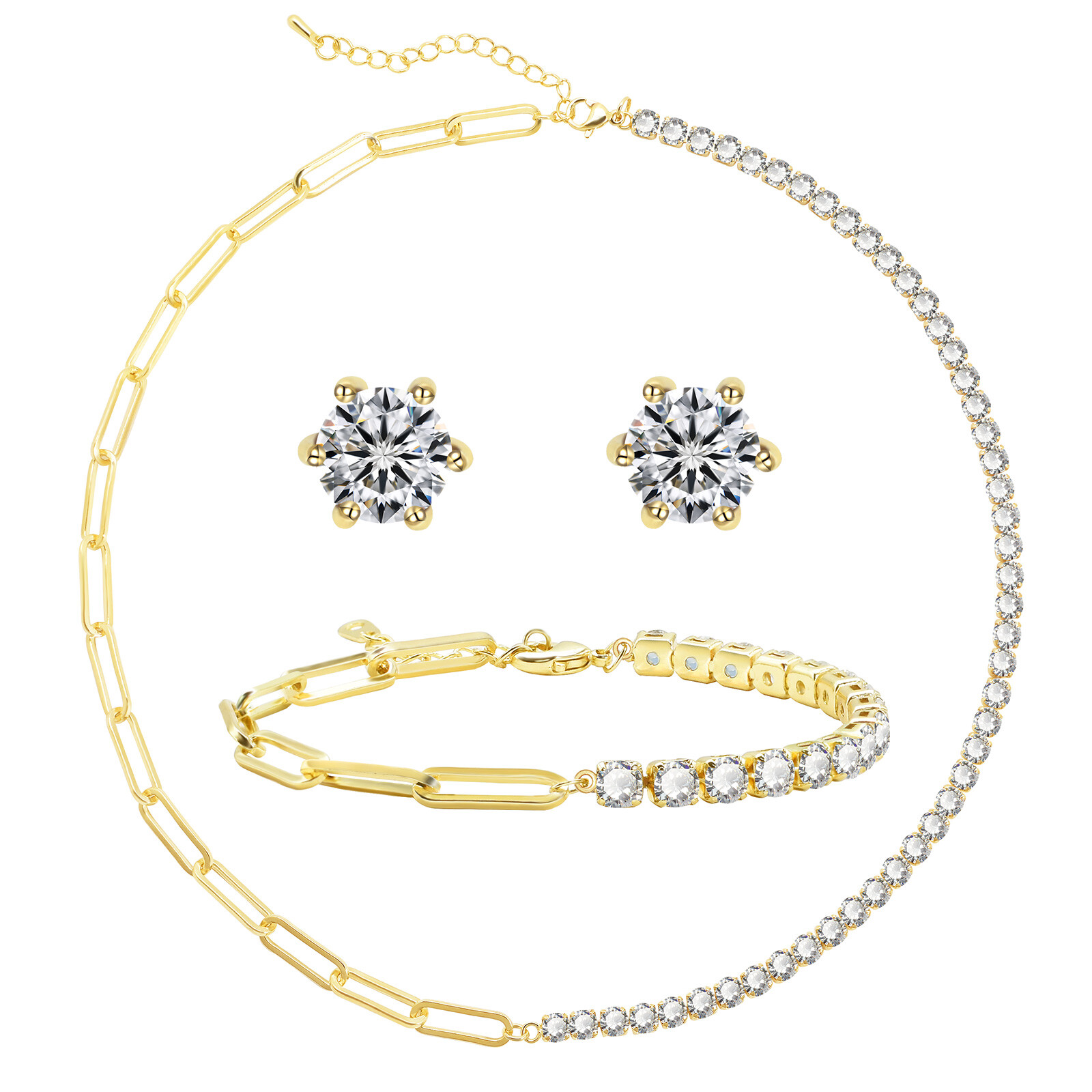 14K Gold Plated 5A Cubic Zirconia Paperclip Chain Tennis Jewelry Sets for Women