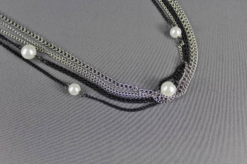 Black Silver Gold 5 strand faux pearl draped long statement bib necklace 24 long