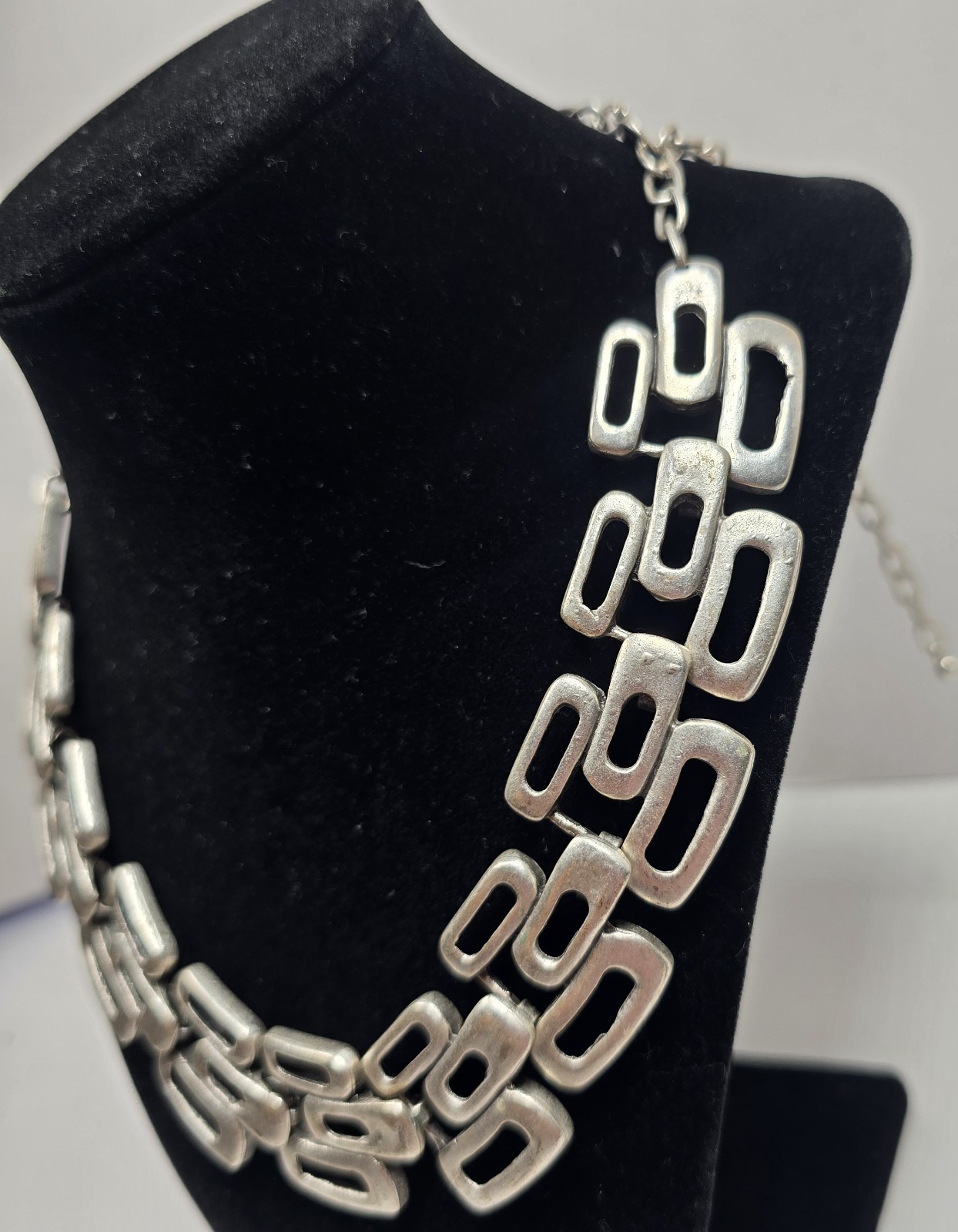 Geometric Statement Silver Tone Necklace Brutalist Mid Century Modern Style