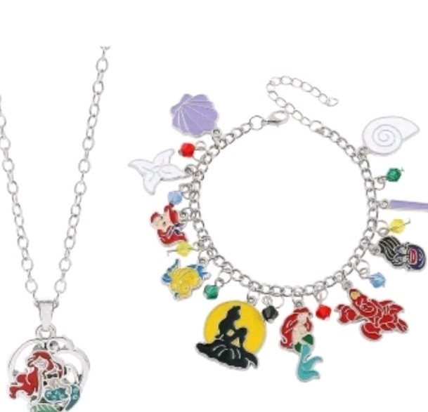 Little Mermaid Charm Bracelet And Necklace Set.Enamel Silvertone All Ages