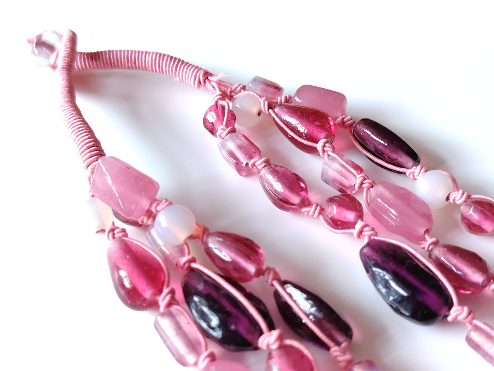 Pink Material Glass Bead Necklace Multi strand Mixed Shape Layering Toggle Clasp