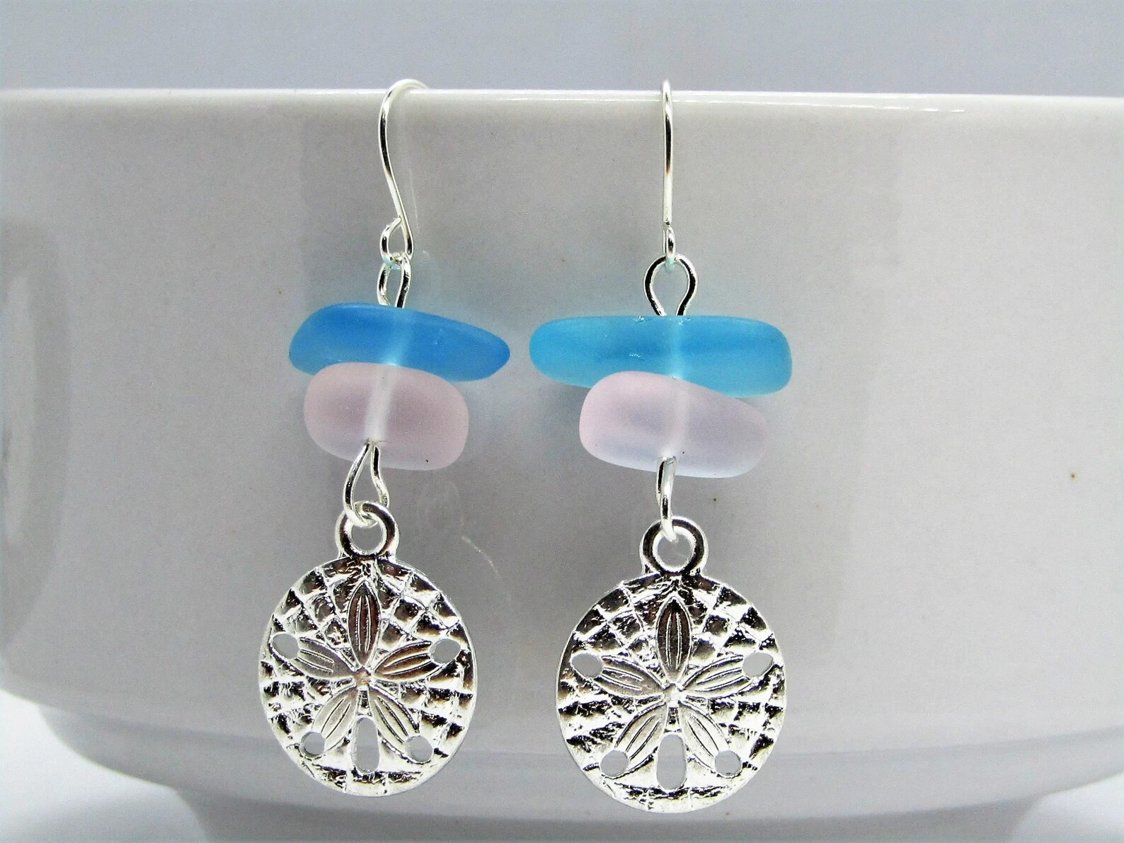 Frosted Pink & Blue Green Sea Glass Beach Stone Pebble Silver Charm SAND DOLLAR