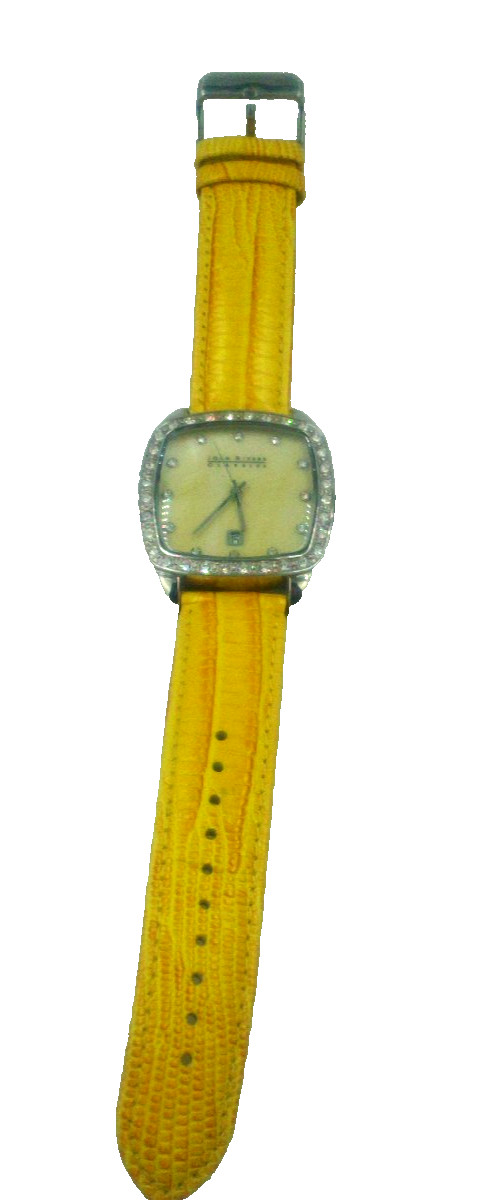 Joan Rivers Classics Yellow Leather Silver Tone CZ Watch V377 Needs Battery