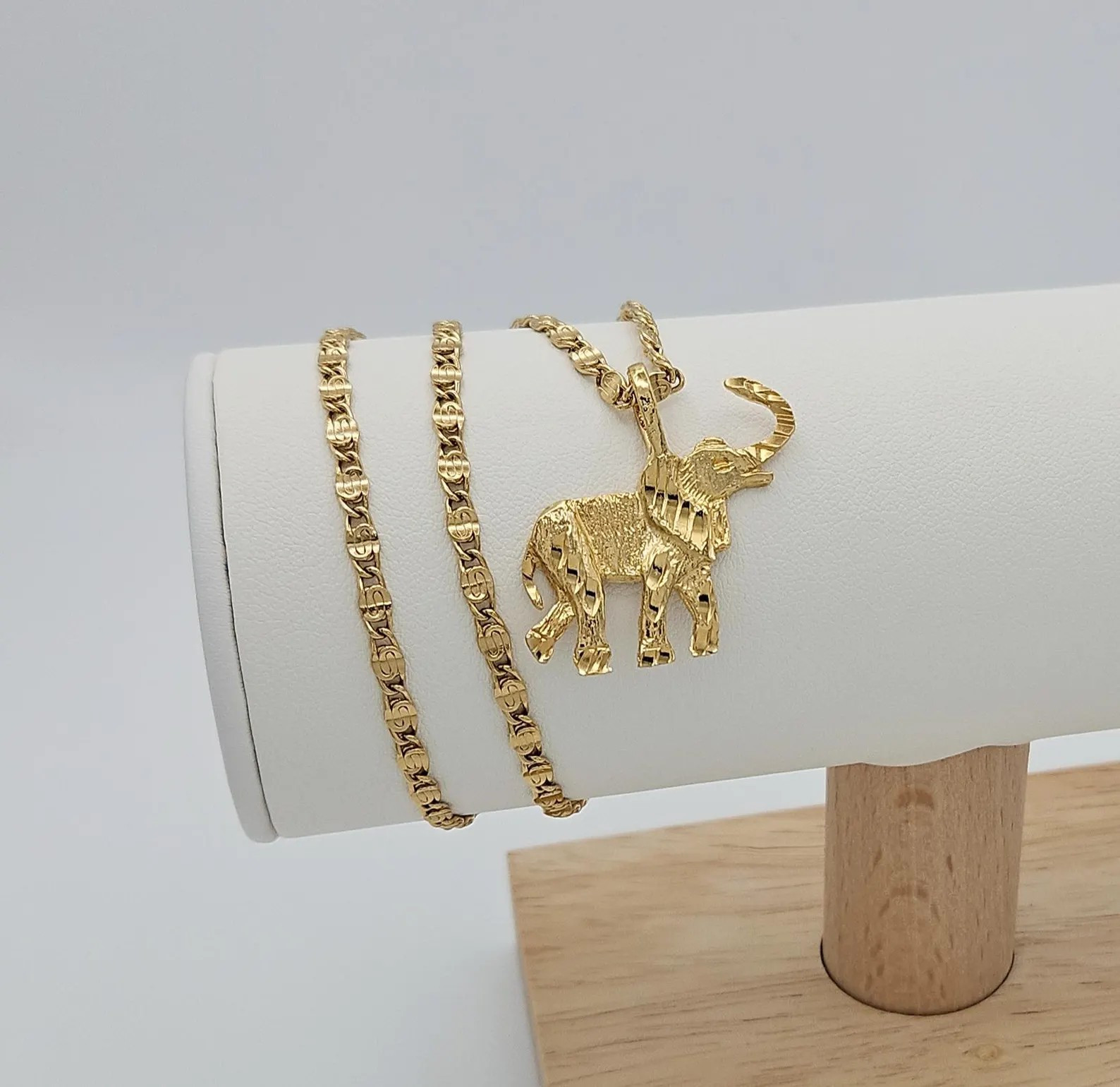 Gold Elephant Necklace, Medium Elephant Pendant, 3mm Scroll Chain, 14K Plated