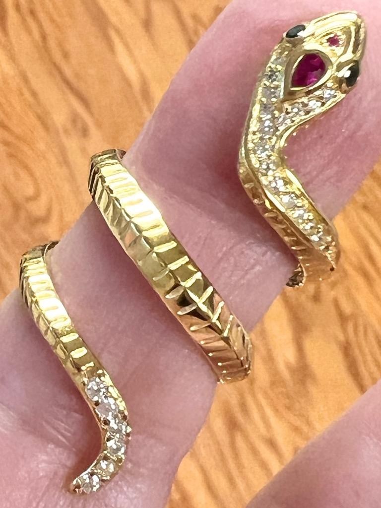 REAL Ruby Emerald Diamond Snake Ring 14K Y Gold on 925 wrap coiled Egyptian Rev