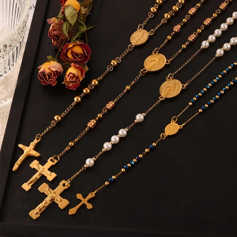 Women’s 18K Gold Plated Stainless Steel Cross Pendant Necklace Artificial Pearl