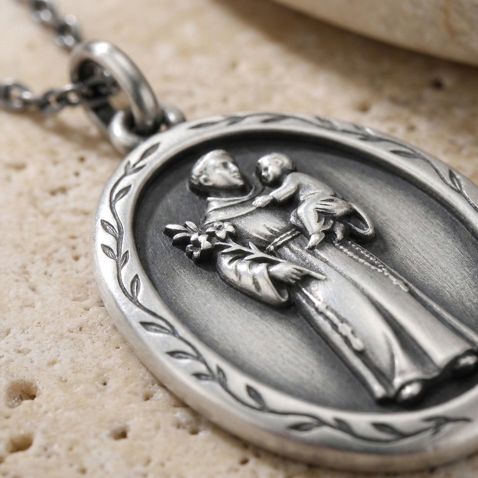 ArtemisSilver Saint Anthony Medal Necklace Oxidized 925 Silver Catholic Patron