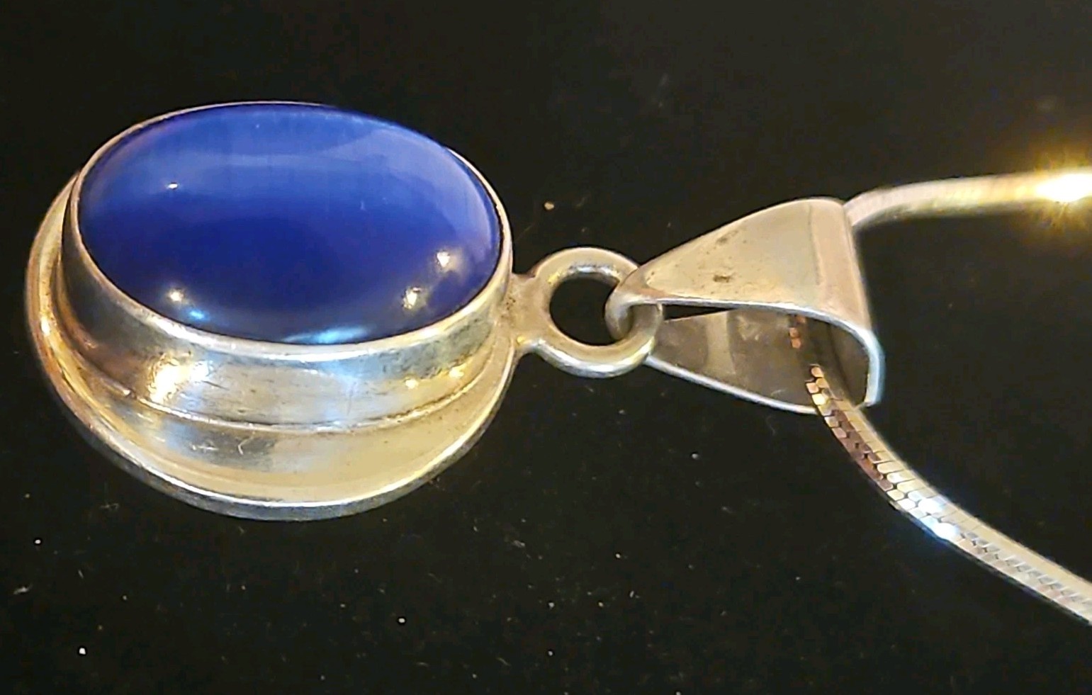 Stunning Modern Style Sterling Silver & Blue Cats Eye Thermoset Pendant Taxco