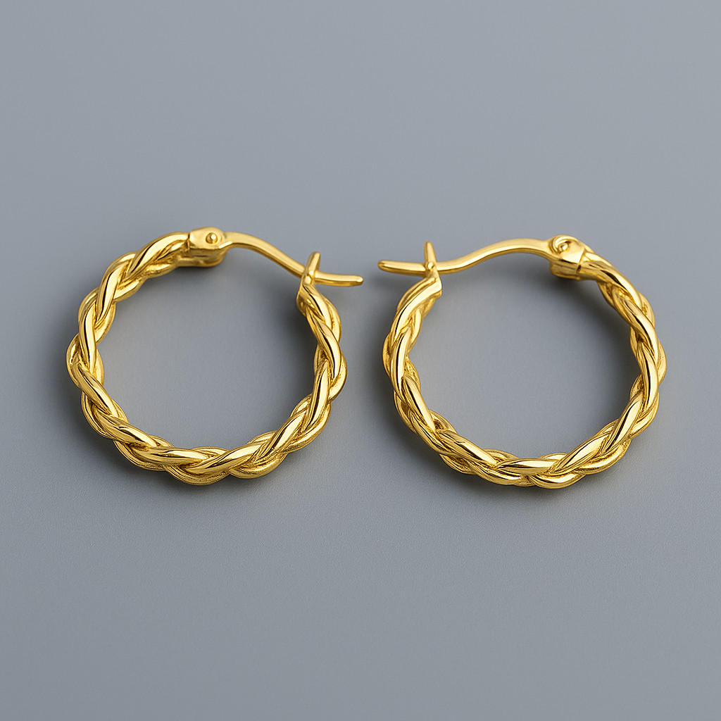 9ct Gold on Silver Vintage Braided Earrings Twisted Hoop Earrings- 17 mm