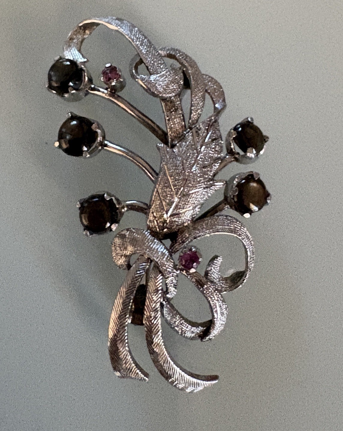 Vtg Sterling 925 Black Sapphire & Ruby Floral Bouquet Brooch Pin 5.67g 1950s