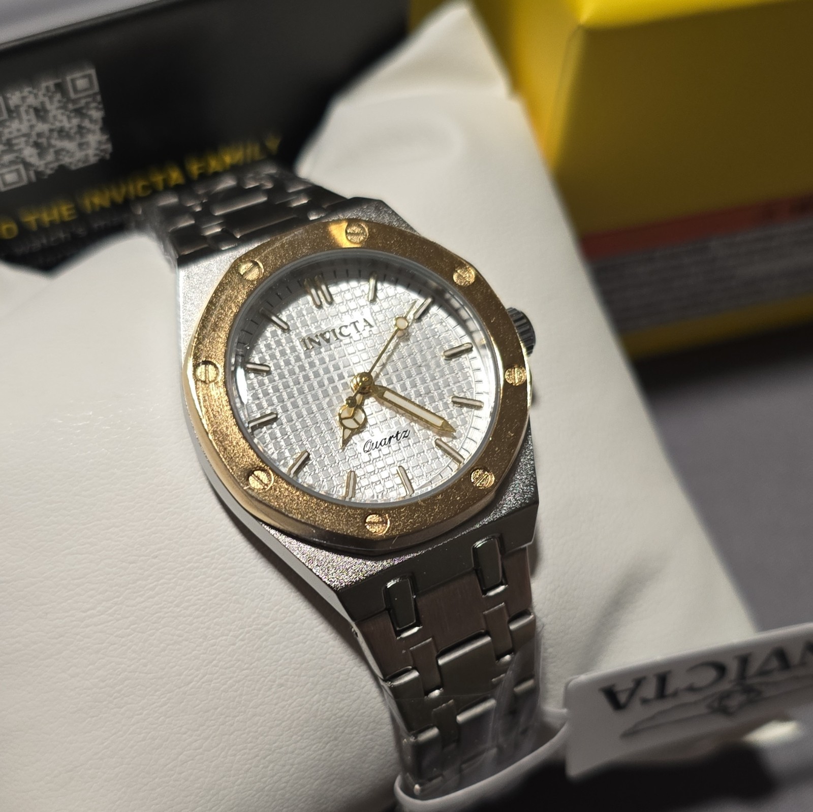 Invicta Quartz Analog Silver Textured Dial Steel Bracelet Gold Bezel w/ Box