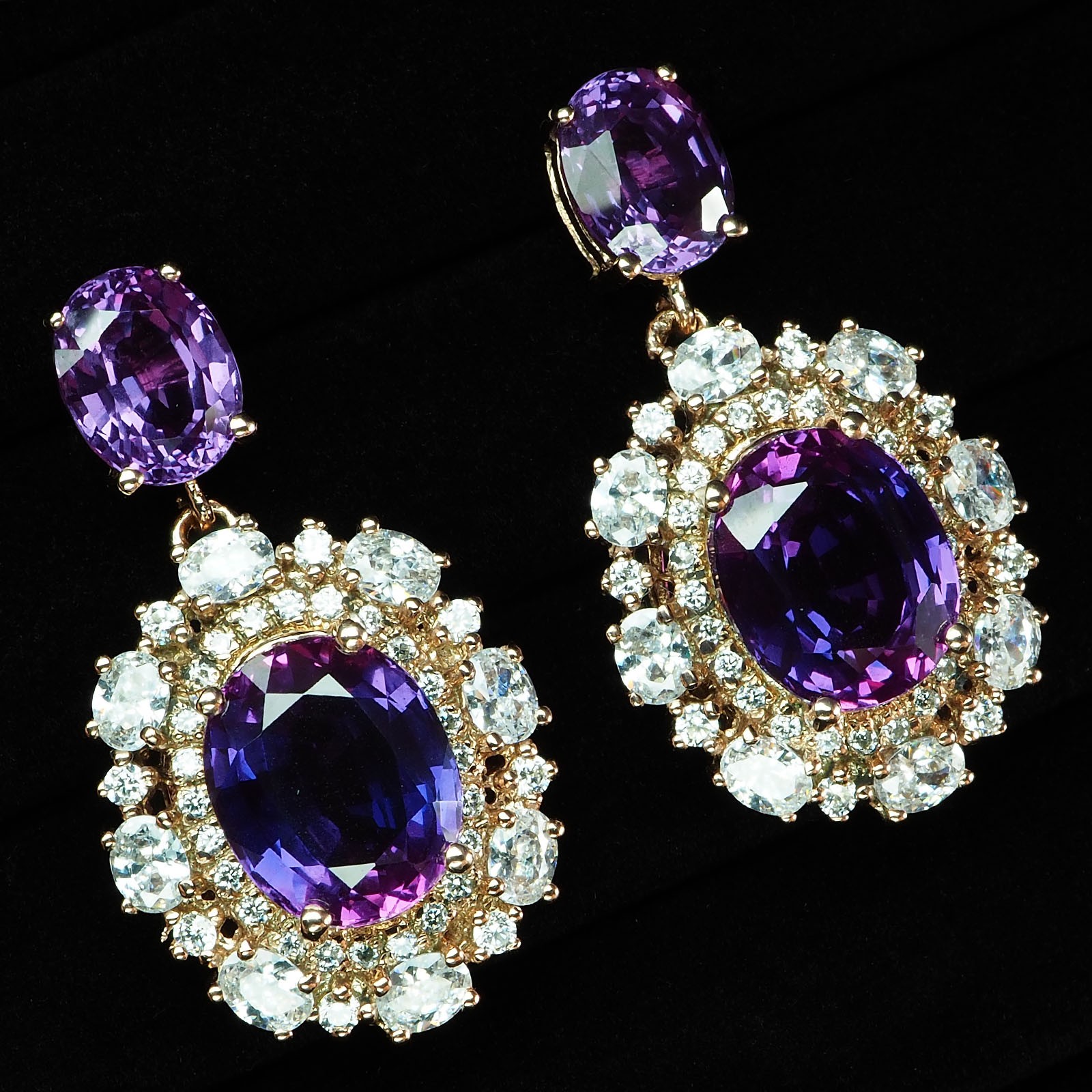 BLUE PURPLE SAPPHIRE OVAL 18.70CT 925 STERLING SILVER ROSE GOLD DANGLE EARRINGS