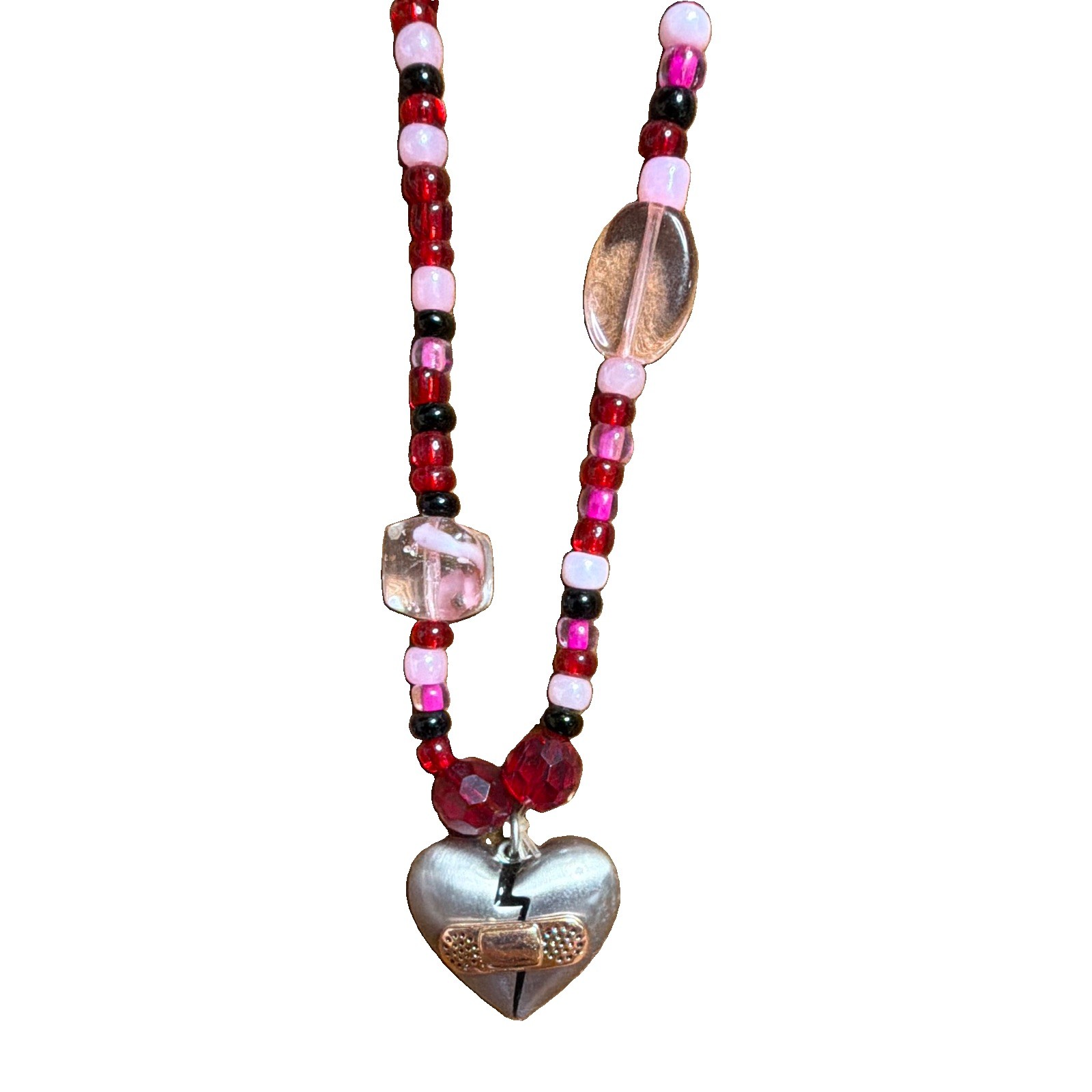 Handmade Heartbreaker 16in Stretch Necklace Red Pink And Black Beaded