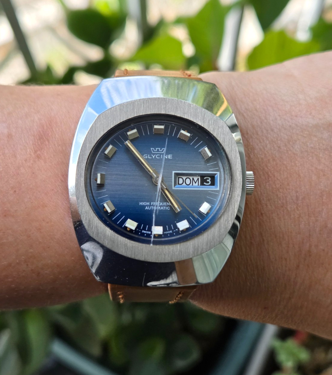 NOS Glycine Hight Frecuency Automatic Watch Vintage Mens Blue Fractured glass
