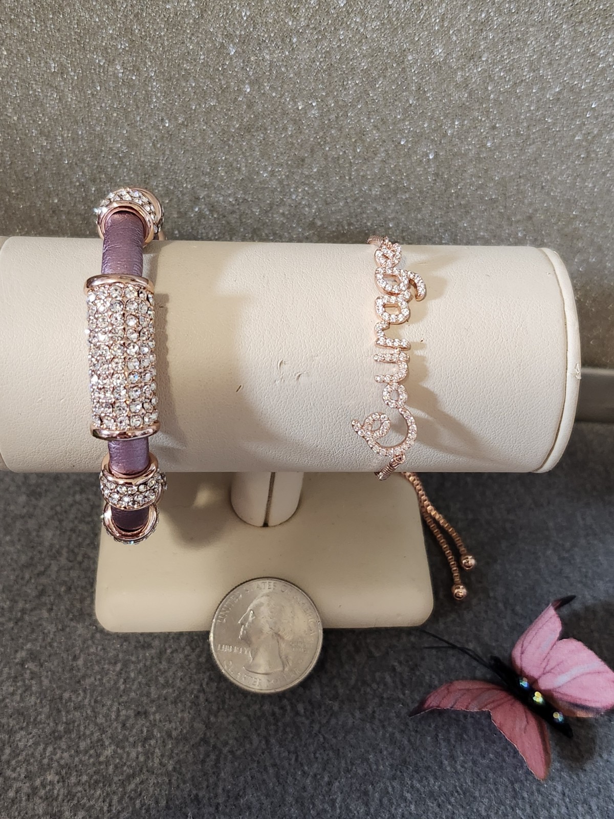 Joan Boyce Bracelets Lot Charmed 4 Sure Pink Faux Leather Courage Rosetone Metal