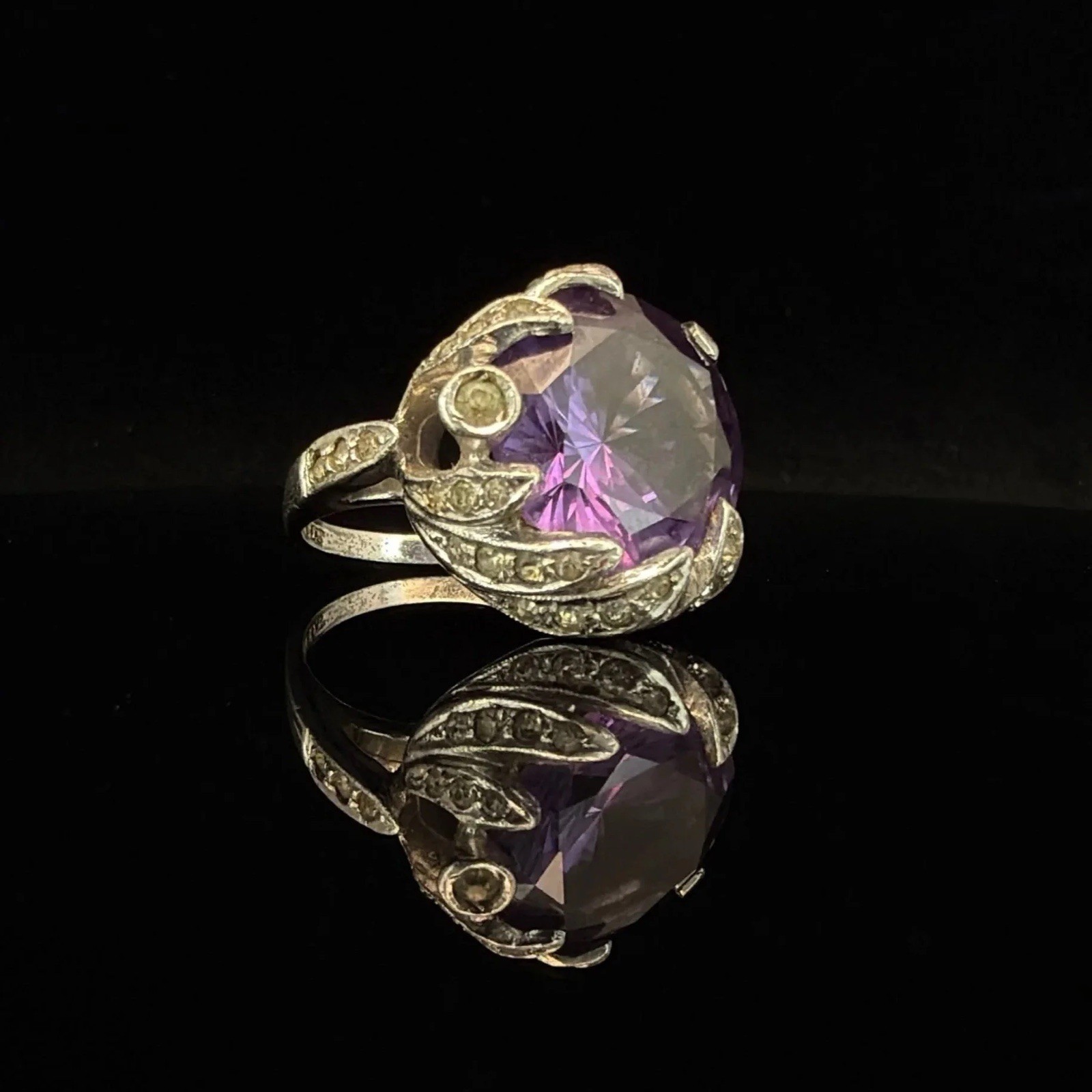 Vintage 1960-1970 Sterling Silver Ring with Large Faceted Purple Crystal Stone