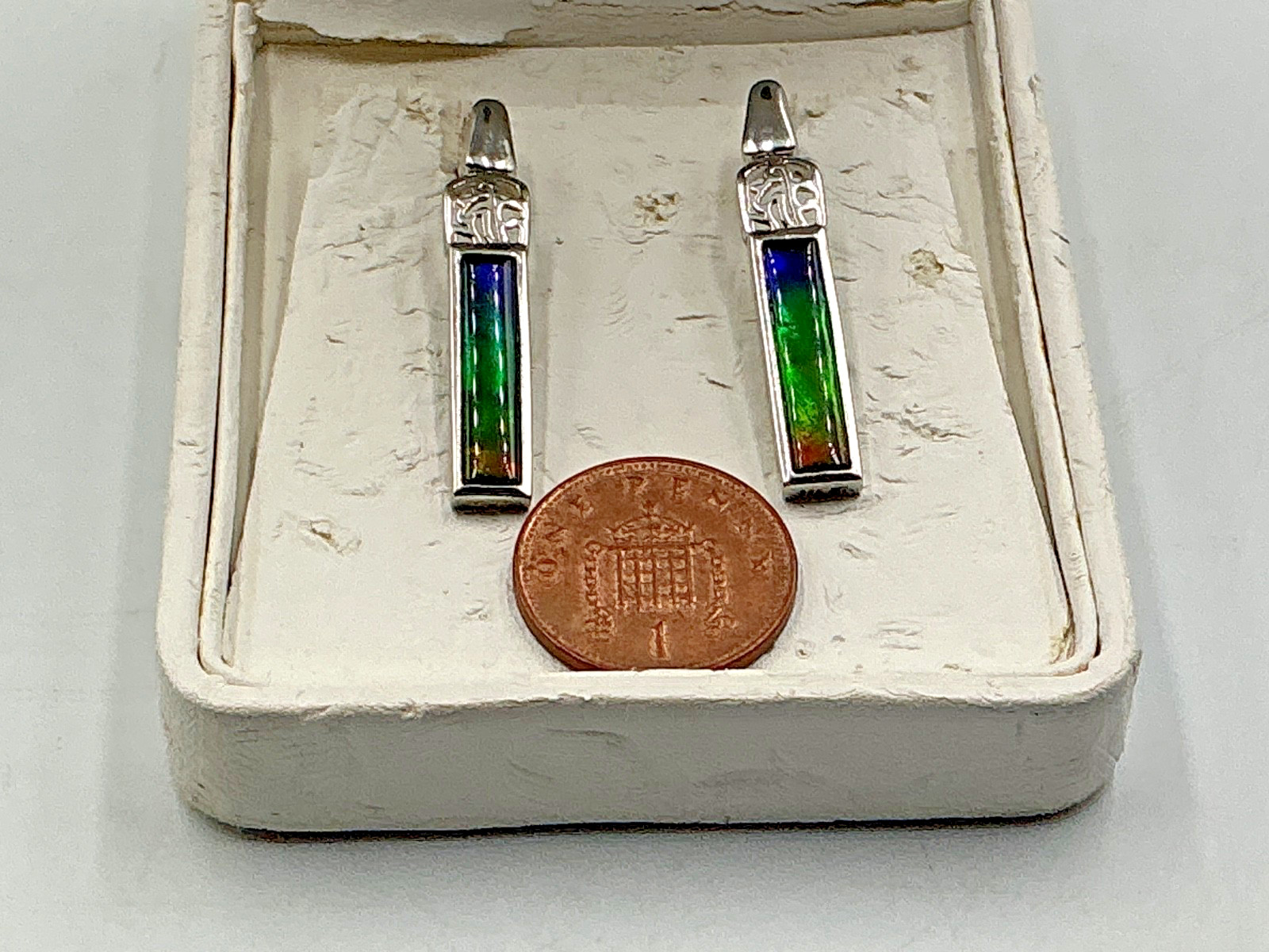 Multi-colour 3x1cm Korite Brand Ammolite set in Silver Earring with post backing
