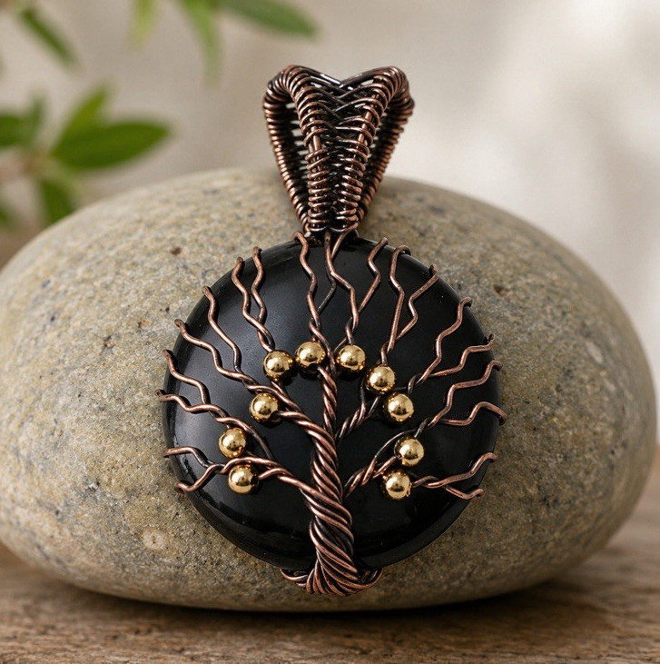 Handcrafted Copper Wire Wrapped Polished Black Round Stone Tree of Life Pendant
