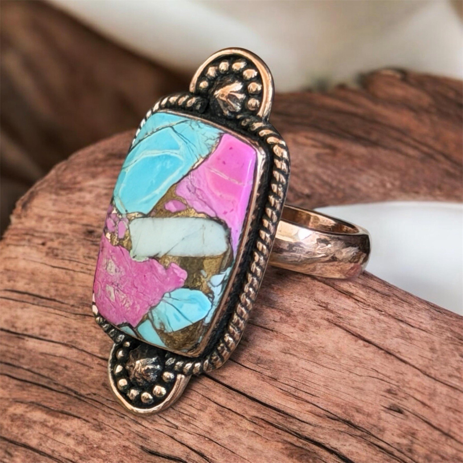 Cotton Candy Dahlia Kingman Turquoise Ring Adjustable 8-12 Southwestern