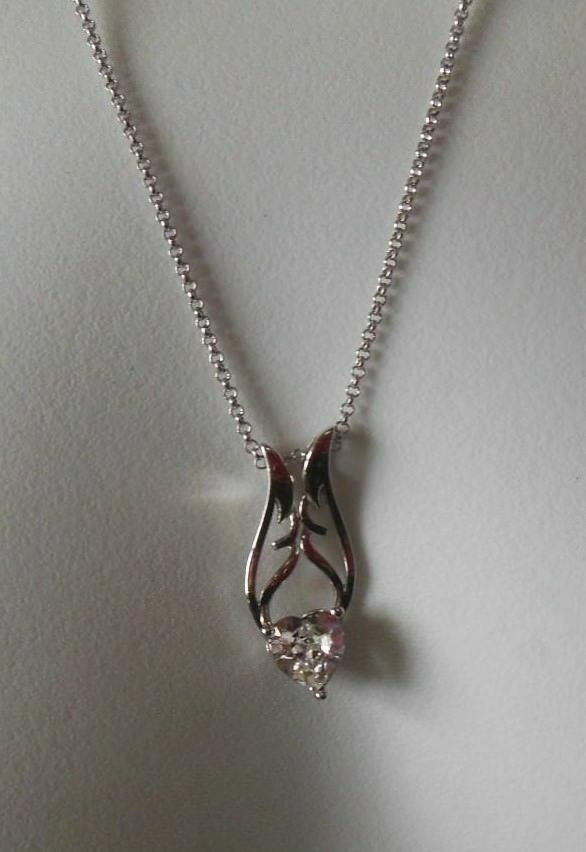Stamped 18k GP Clear Austrian Crystal Heart Wings Pendant Necklace