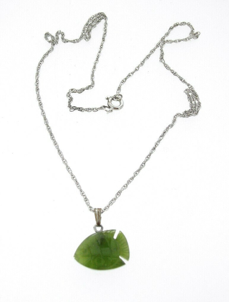 Pendant Green Nephrite Jade ANGEL FISH Sterling Silver16″ rope chain