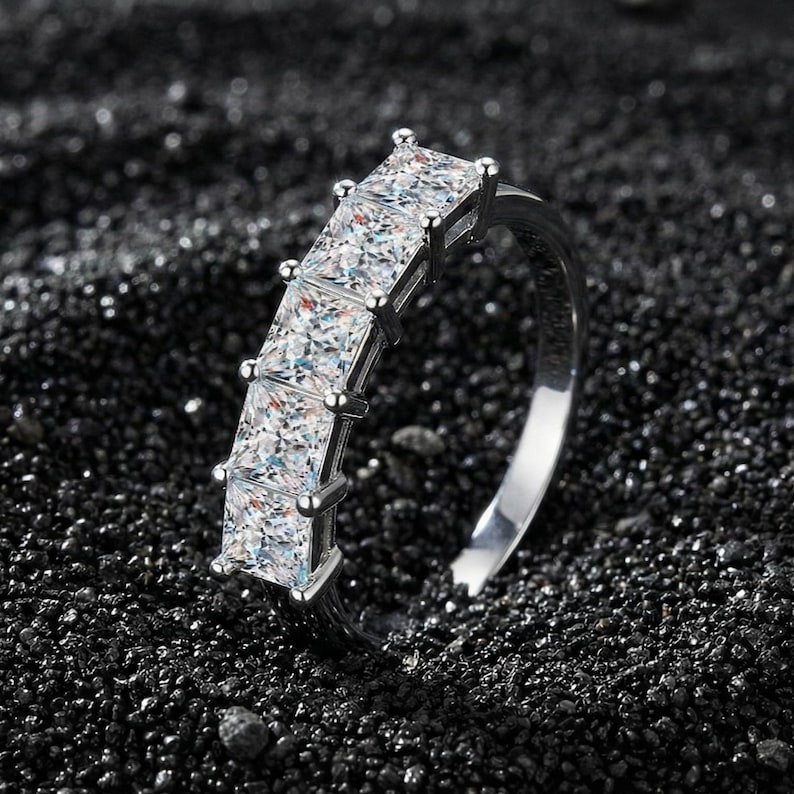 2.0 CT Princess Cut Moissanite 5 Stone 14K Gold Half Eternity Ring