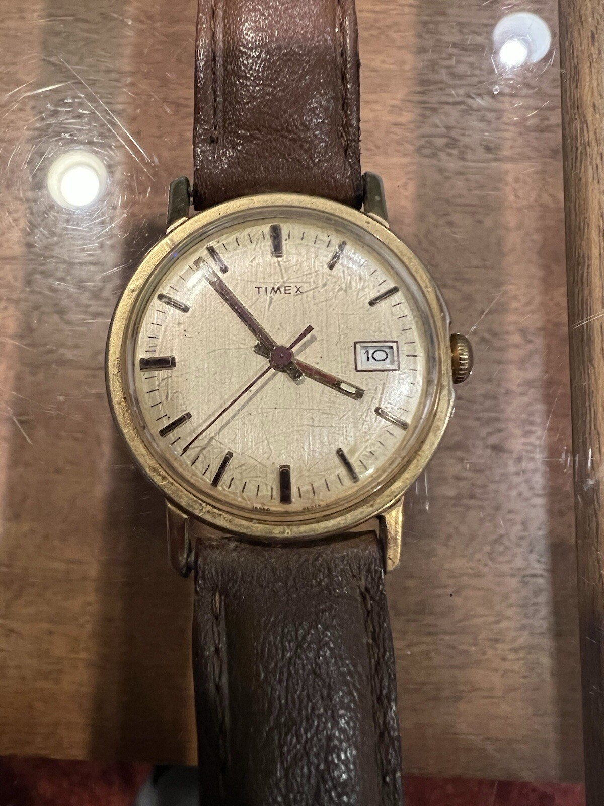 Vintage Timex Marlin Men’s Date Watch 16560 02576 Gold Mechanical Leather Band