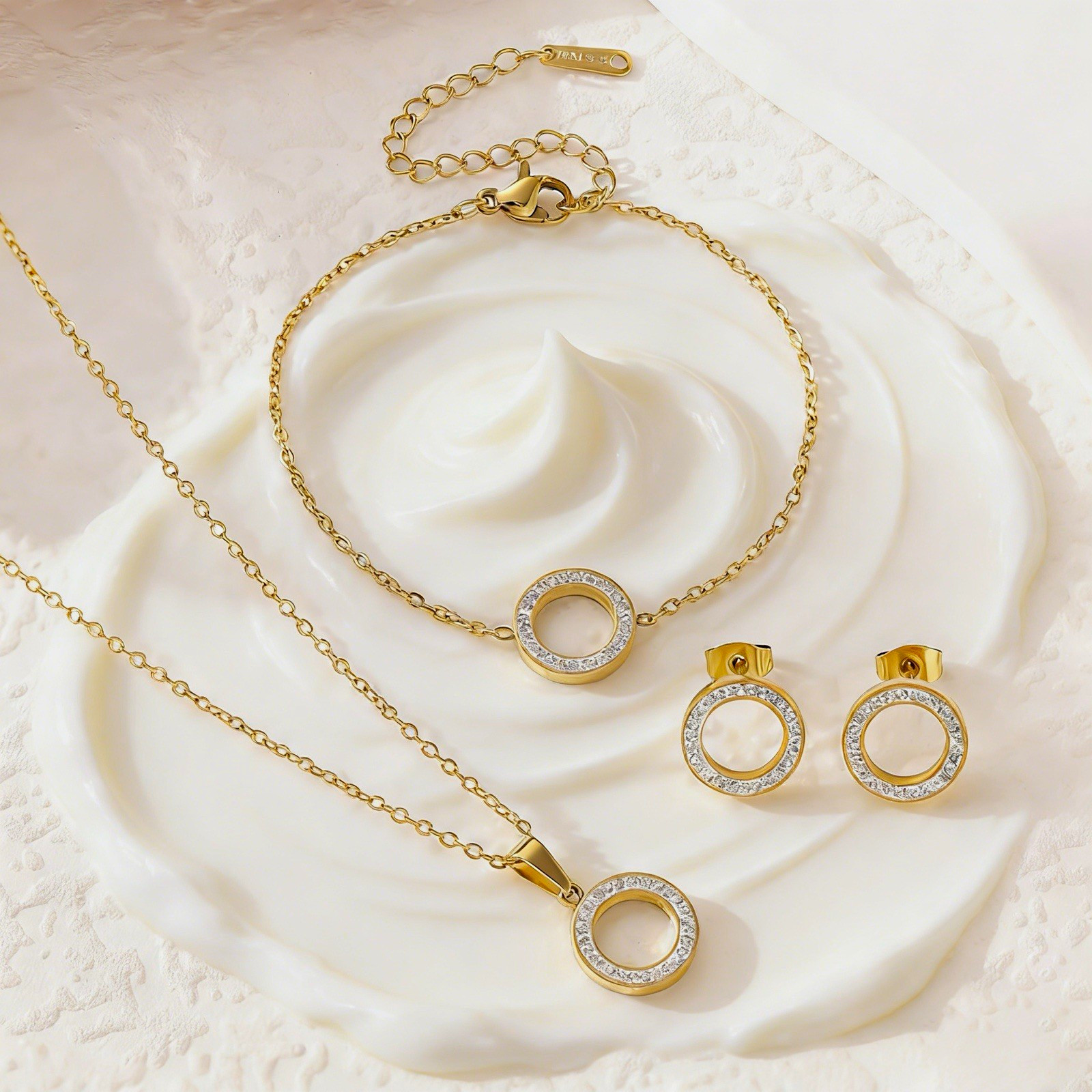 Gold Tone Stainless Steel Crystal Circle Necklace Bracelet & Earrings Set