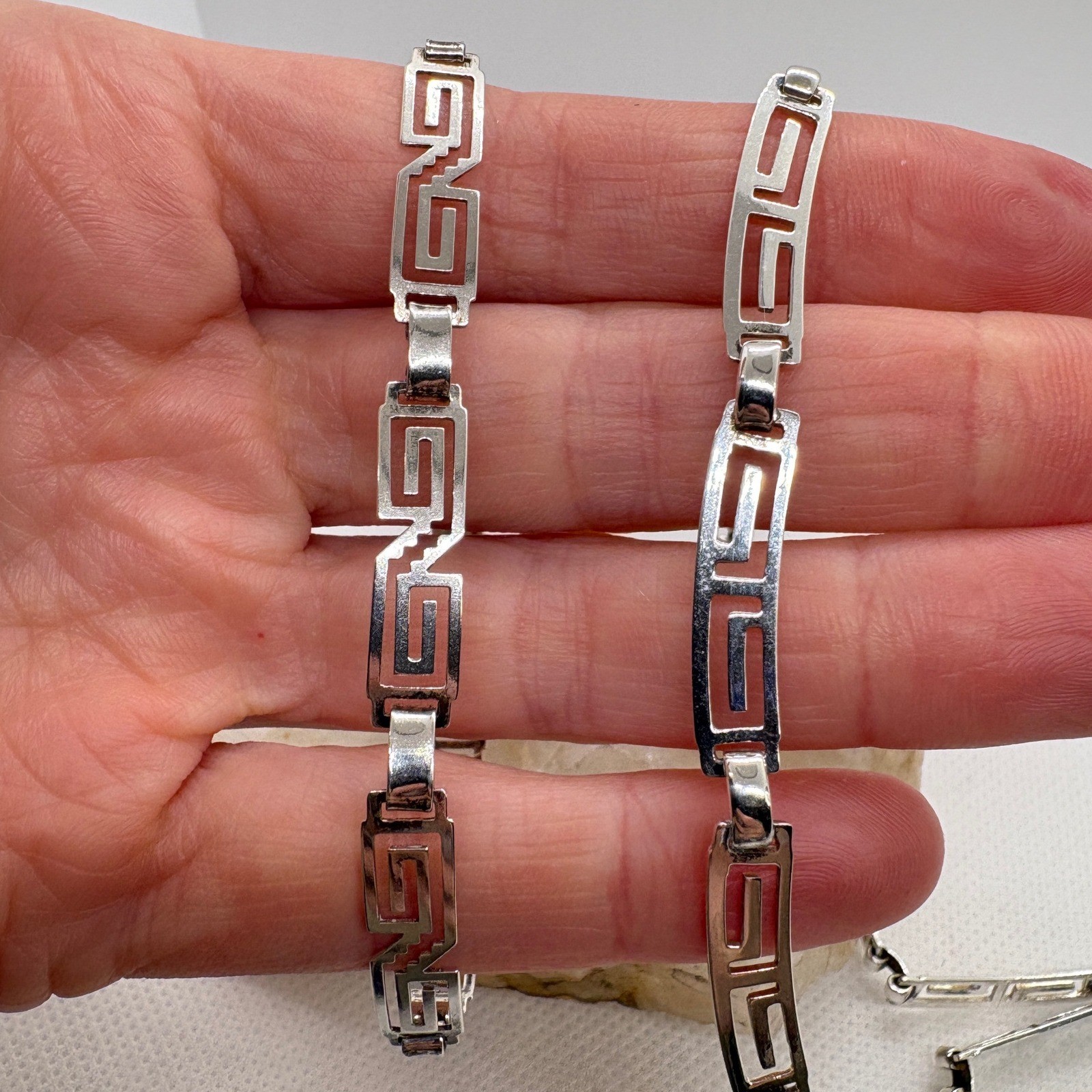 Vintage Mexico Sterling Silver Greek Key Meander Necklace Bracelet Set MR163 925
