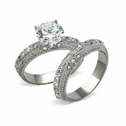 Vintage Round Cut CZ AAA Engagement Ring Wedding Band Set For Women Size 5 8 9