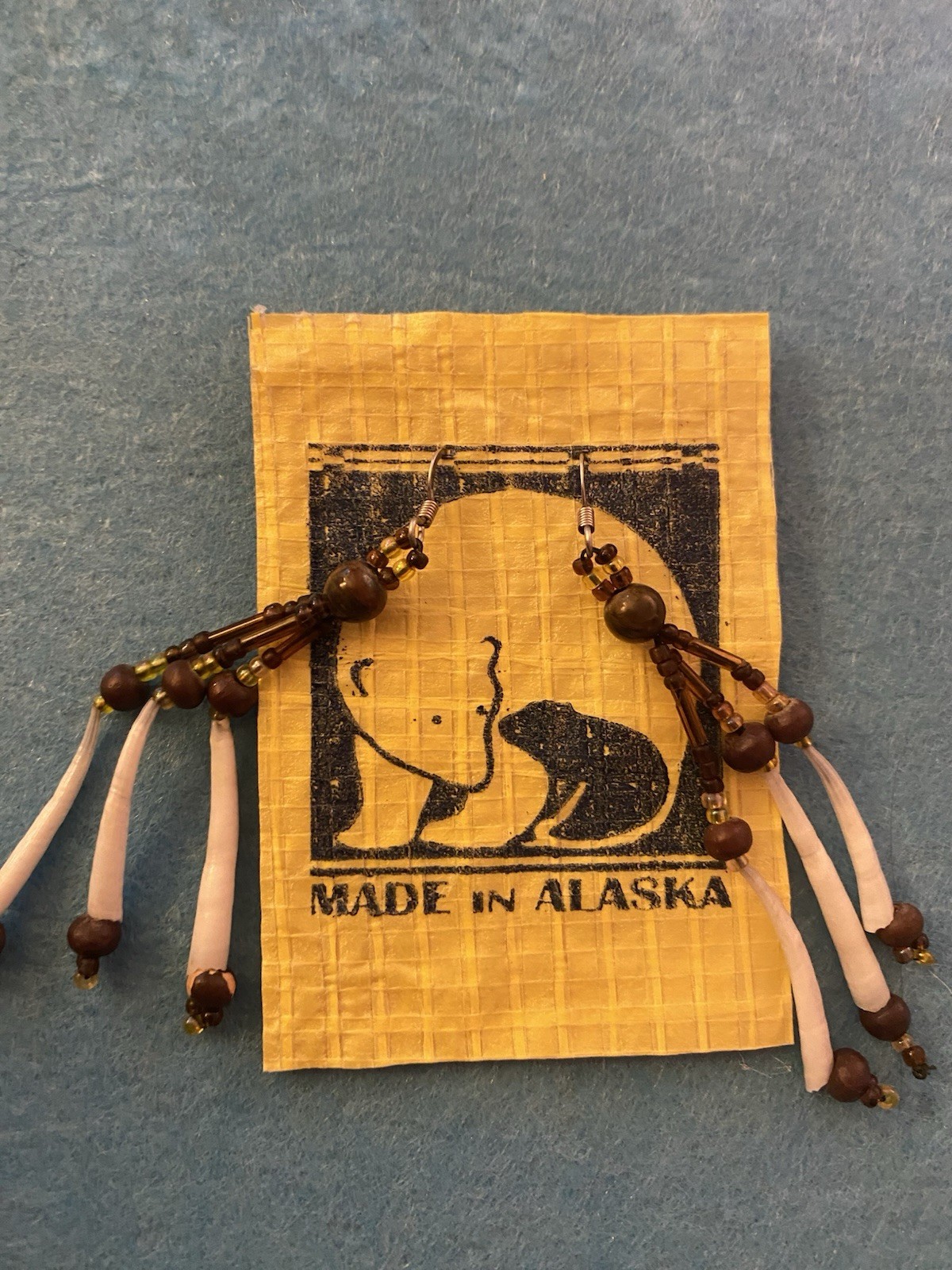 Beaded Earrings Handmade In Alaska. Glass And Resin Beads Dangly Brown And White