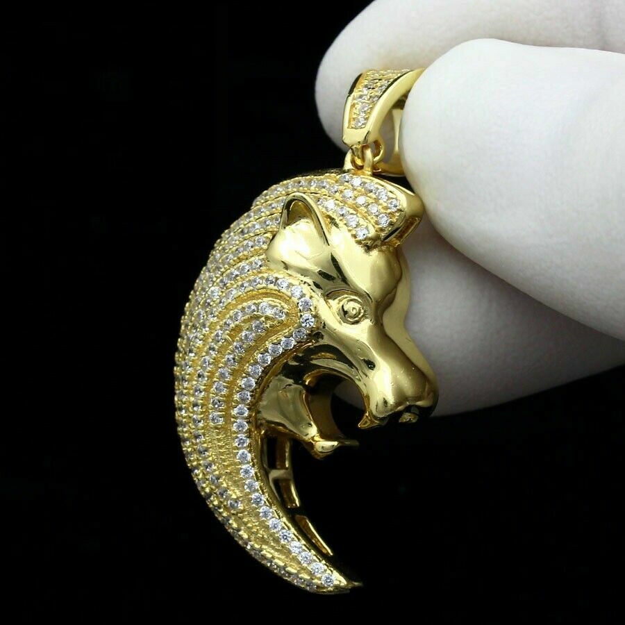 2 Ct Round Cut Diamond Lion Face Head Shape Unisex Pendant 14K Yellow Gold Over