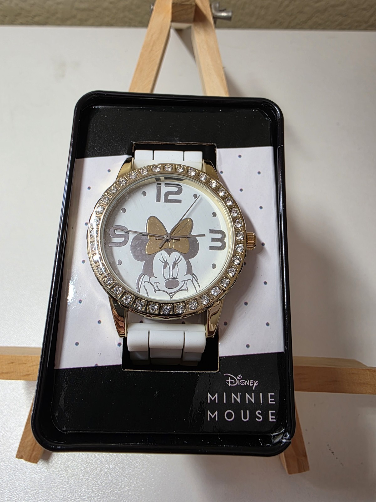 Disney Minnie Mouse Quartz Analog Watch White Silicone Strap Gold Case w/Box