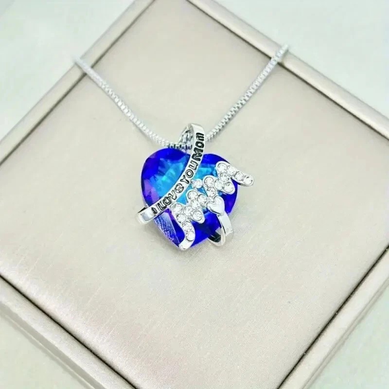 Heart Mom Pendant Necklace I Love You Mom Blue Crystal Silver Jewelry Gift
