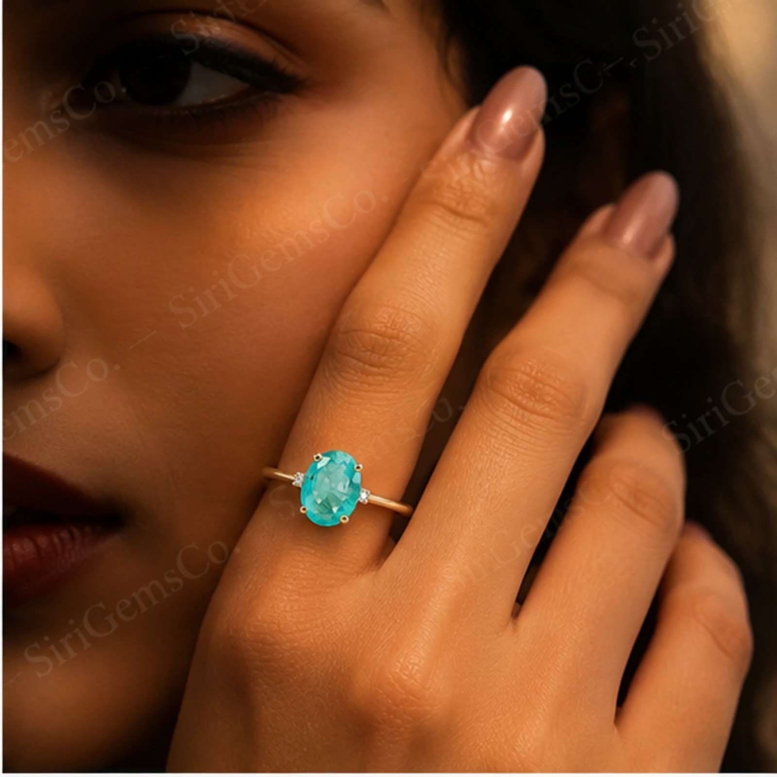 Oval Mint Green Emerald Ring Diamond Side Accent 14k Yellow Gold Over Silver Fin