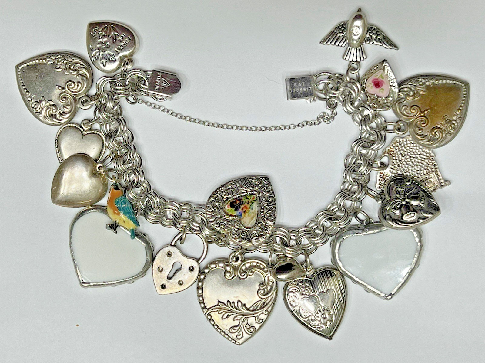Vintage Puffy Hearts Charm Bracelet Sterling Silver Estate Pink Heart Charms US