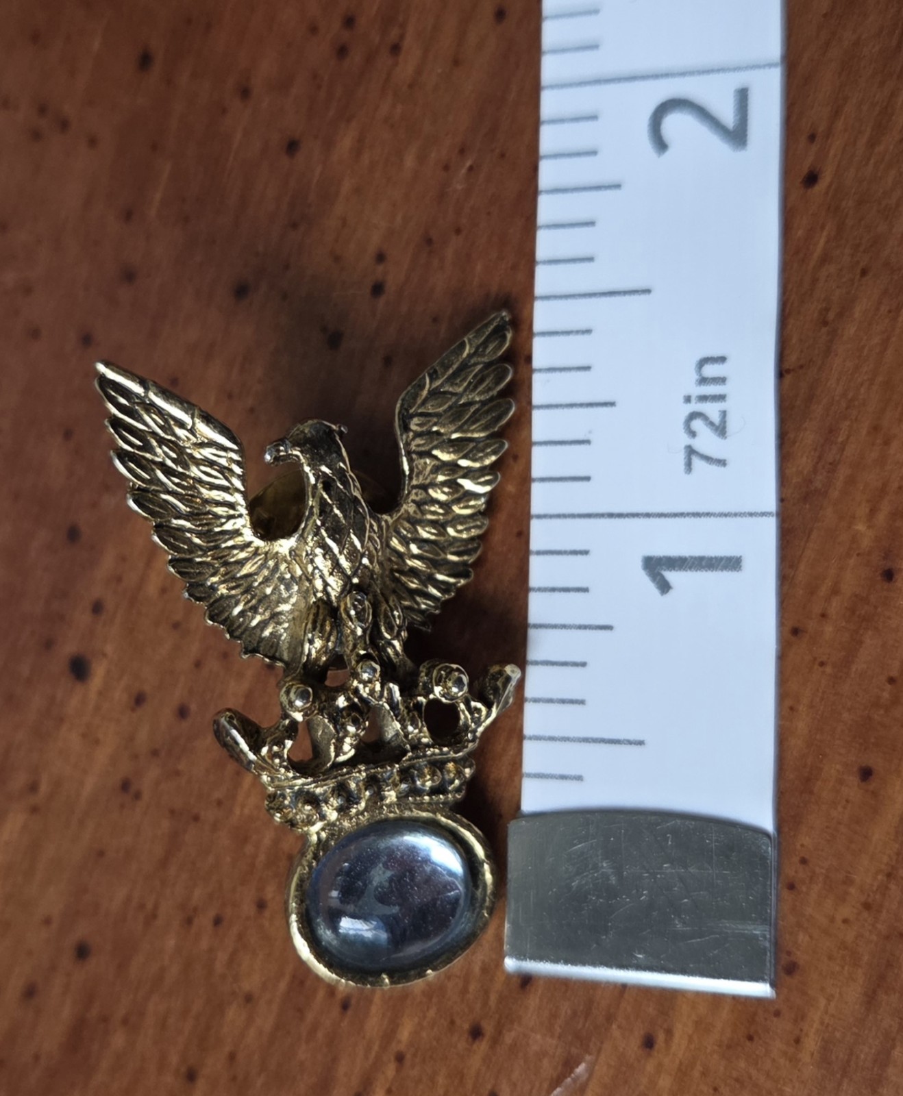Vintage Gold Tone Eagle Crown Lapel Pin Blue Stone Cabochon Heraldic Brooch