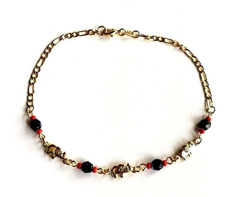 18k gold filled 3 Elephant Azabache Lucky anklet 9.5″ / Tobillera 3 Elefante-A20
